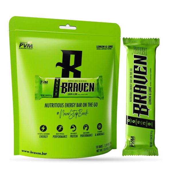 BRAVEN Bars Lemon Lime, Delicious Taffy-Like Energy Bar, Sustained Energy Boost, Quality Protein & Balanced Nutrition for On-the-Go. Gluten Free. (1.59 oz, Pack of 10)
