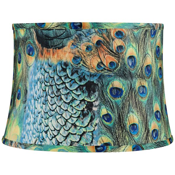 Peacock Print Medium Drum Lamp Shade 14" Top x 16" Bottom x 11" Slant (Spider) Replacement with Harp and Finial - Springcrest