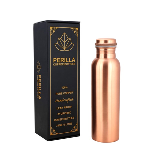 Perilla Home Plain Copper Water Bottle 34 Oz Leak Proof 100% Pure Ayurvedic Copper Vessel with Lid - Drink More Water and Enjoy Health Benefits Immediately/Yoga Bottle