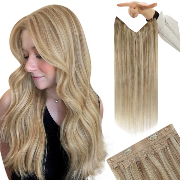 YoungSee Invisible Wire Human Hair Extensions Blonde Highlight Hidden Wire Hair Extensions Real Human Hair Dark Ash Blonde Highlights Golden Blonde Hair Wire Extensions with Clips for School 14In 80G
