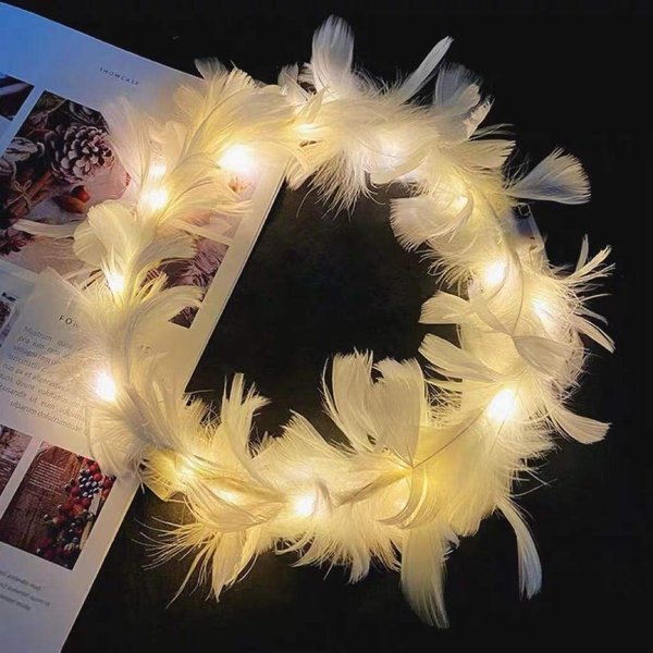 JORCEDI LED Feather Wreath Crown Headband Light-Up Angel Halo Headband For Cosplay Christmas Halloween Costume (Warm White)