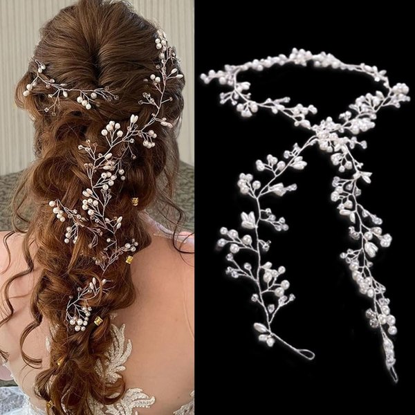 EASEDAILY Pearl Bridal Hair Vine Silver Long Rhinestone Wedding Headpiece Prom Hair Accessories for Women and Brides