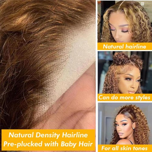 RQY Highlight Curly Bob Wig Human Hair Short Curly Blonde Brown Human Hair Wig(10inch) 4x4 Glueless Lace Front Wigs Human Hair Honey Blonde Brown Ombre Human Hair Wigs for Black Women 150% Density