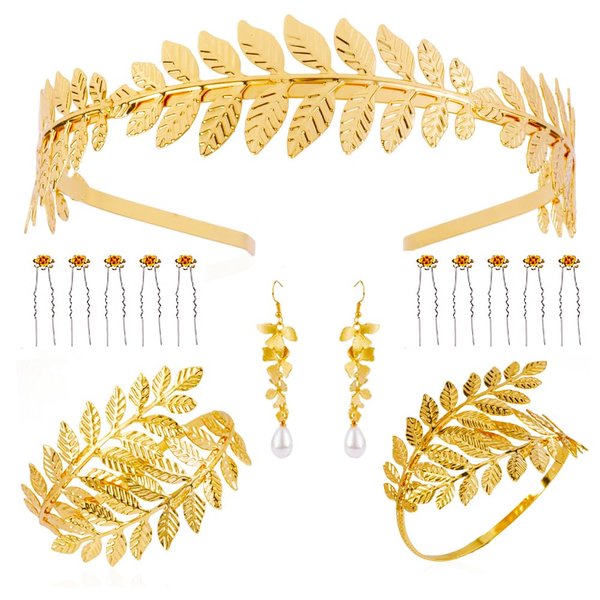 AHONEY 15 Pieces Greek Goddess Costume Women Toga Gold Headband Leaf Bridal Crown Bracelet Pearl Earrings Hair Pins Gold Accessories for Women