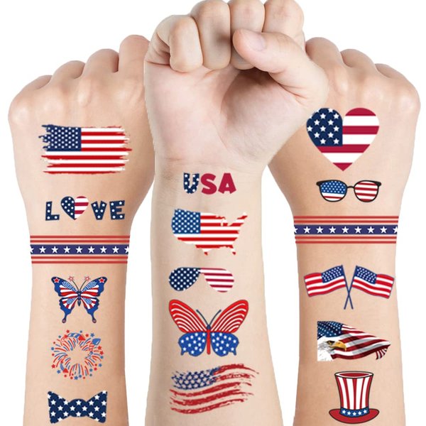 Fourth of July Temporary Tattoo,10 Sheet Independence Day Waterproof Tattoos Stickers American Flag Eagles Hat Balloons Design USA Stickers for Labor Day Memorial Day Decoration Party Supplies
