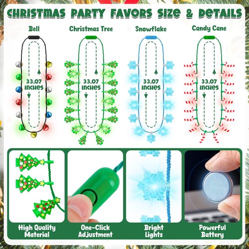 Christmas Party Favors, 4PCS Christmas Necklace Light Up, LED Christmas Accessories, 3 Modes Christmas Bell Necklace with 6 Bulbs Xmas Tree Candy Cane Christmas Light Necklace Kids New Year Bulk