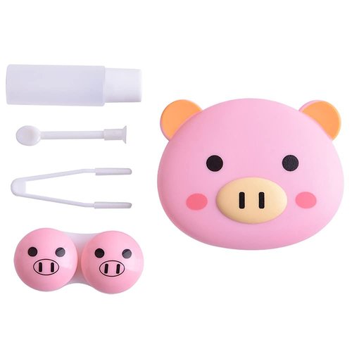 DoyiFun 2 Pcs Pink Pig Contact Lens Case Travel Kit, Cute Portable Panda Bear Animal Contact Lens Box Holder Soak Storage Container with Mirror Bottle Tweezers Stick Remover Tool(Random 2 Style)