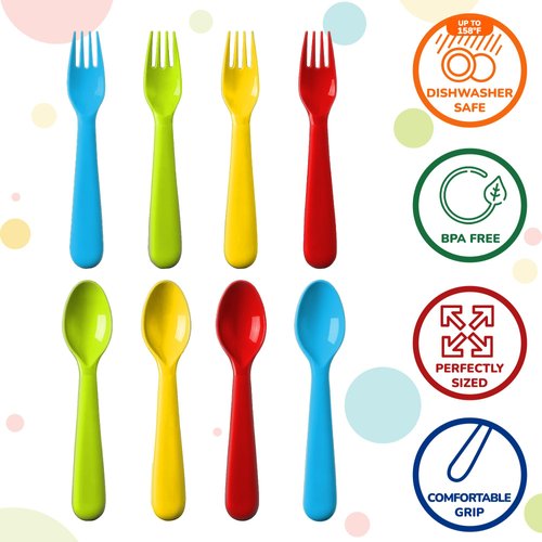 Plaskidy 16 Pcs Plastic Toddler Utensils Set 8 Kids Forks and 8 Kids Spoons BPA Free/Dishwasher Safe Toddler Silverware Brightly Colored Kid Plastic Cutlery Set, Great for Kids and Toddlers Utensils