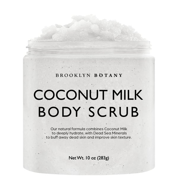 Brooklyn Botany Dead Sea Salt and Coconut Milk Body Scrub - Moisturizing and Exfoliating Body, Face, Hand, Foot Scrub - Fights Stretch Marks, Fine Lines, Wrinkles - Great Gifts for Women & Men - 10 oz