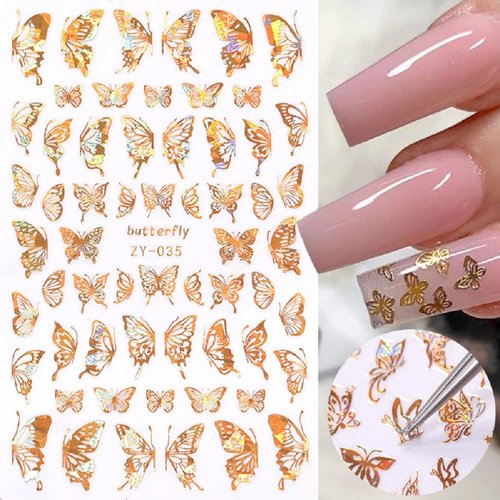 InfantLY Bright 3 Sheets Holographic 3D Butterfly Nail Art DIY Stickers, Laser Gold & Silver AB Color Shapes Sticker Decoration Sliders Colorful Decor Nails Transfer Sticker, Gold,colorful,silver