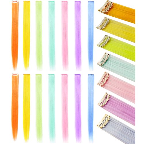 IAMERUI 8 PCS Blue Red Hair Extensions Clip in, Colored Party Highlights Extension for Kids Girls Synthetic Hairpiece Straight 21 inch (Blue Red)