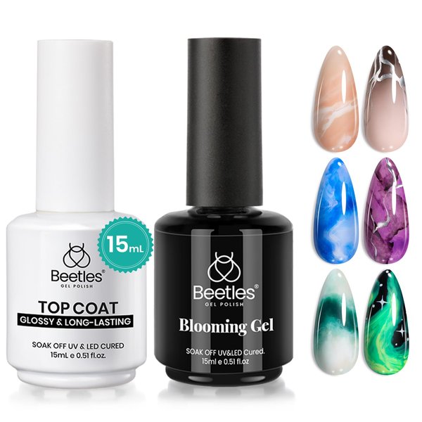 Beetles Nail Blooming Gel and Top Coat No Wipe Gel Nail Polish Set 2 Pcs 15ml Upgrade Super Shiny for Spreading Effect Marble Natural Stone Watercolor Floral Print Soak Uv Lamp off Nail Gel