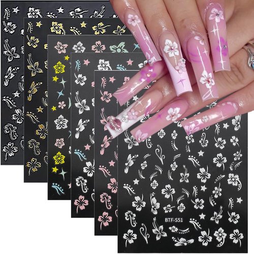 6Sheets Colorful Hibiscus Flower Nail Stickers Self Adhesive Pink White Floral Nail Decals Gold Silver Star Cherry Blossom Petal Nail Design Nail Art Stickers 3D Nail Supplies Pegatinas Uñas for Women