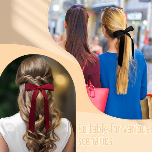 3Pcs Hair Bows Clip for Women Girls Satin Hair Ribbon Bows for Hair Long Tail French Barrettes Hair Accessories for Parties Weddings-Black/Red/Beige