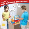 Cash Register Toy for Kids with Real Calculator, Cashier Register with Scanner/Weighter/Credit Card/ Play Money/ Food/Microphone, Pretend Play Store with Apron and Shoping Bag for Kids 4-8