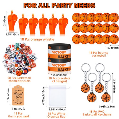 HyDren 158 Pcs Basketball Party Favors Set 18 Basketball Keychains 18 Silicone Bracelets 18 Mini Basketball 18 Whistles 50 Stickers 18 Organza Bags 18 Thank You Tags for Basketball Party Supplies