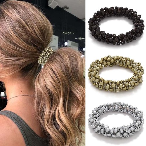 Fashey Beaded Hair Ties Rhinestone Hair Scrunchies Gold Elastic Ponytail Holder 3 Pcs Beads Hairband Simple Hair Accessories for Women (gold,silver,black)