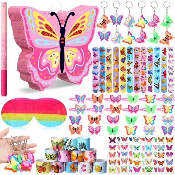 Pasimy 61 Pcs Butterfly Party Piñata Set, Butterfly Piñata with Stick Blindfold Butterfly Birthday Tattoos Stickers Hairpin Ring Slap Bracelet Keychain for Butterfly Themed Party Supplies Decor