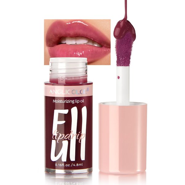 Anglicolor Lip Glow Oil Hydrating 6 Colors, Moisturizing & Nourishing Plumping Tinted Lip Gloss for Dry Lips, Vegan, Lip Plumper Gloss Make Lips Fuller (#04)