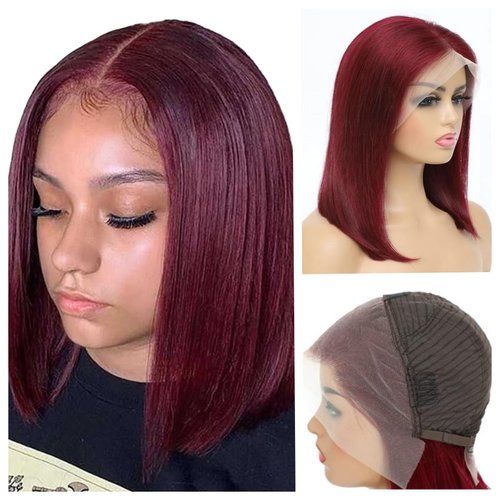 RLHAIR 99j Burgundy Bob Wig Human Hair 13x4 HD Lace Front Human Hair Wigs Pre Plucked 180% Density Red Lace Front Wigs Human Hair 99J Straight Bob Human Hair Wigs for Women Free Part (10Inch, 99J)