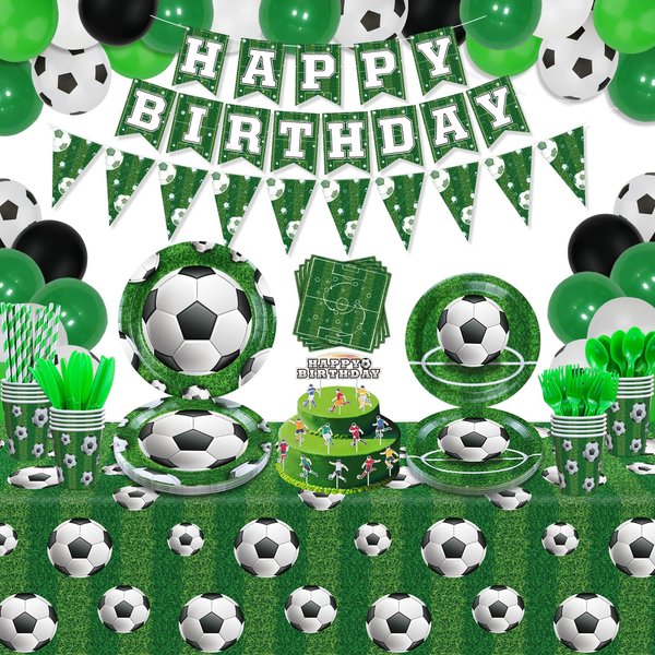 211 Pack Soccer Party Supplies Soccer Party Decorations Boys Sports Theme Birthday Decor Soccer Theme Tableware Set - Soccer Plates, Balloons, Banners, Ball Theme Tablecloth, Cups, Napkins Serves 20