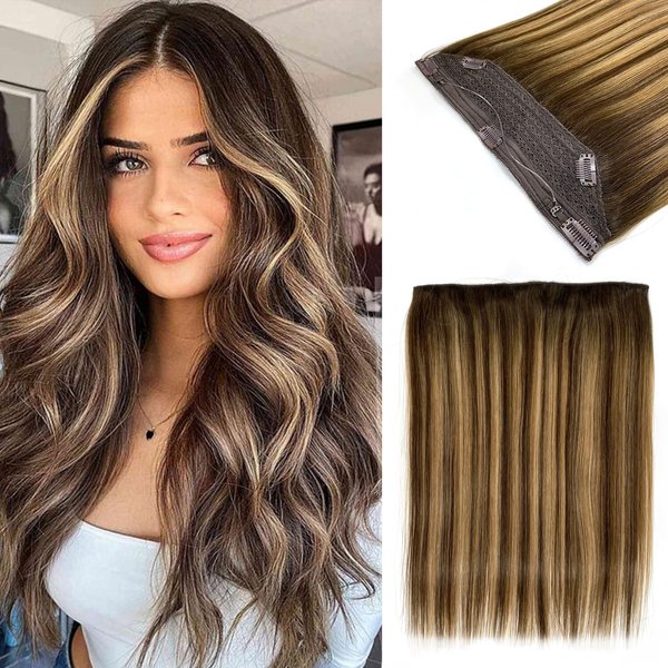 Royaomis Halo Hair Extensions Real Human Hair Halo Extensions for Women Wire Hair Extensions with Transparent Adjustable Headband Size 5 Secure Clips Straight Invisible Fish Line Hairpiece（16-#BM）