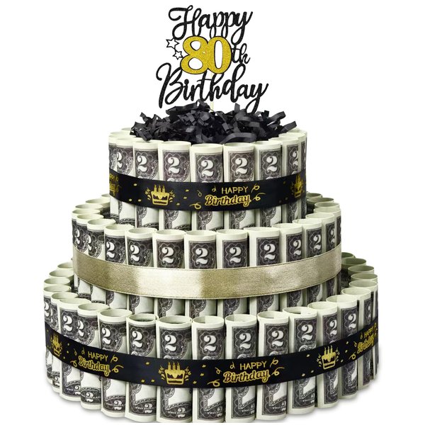 BUAEL Happy Birthday Gift Can Be 80 Age 3 Layers Of Black Gold Cake Filled With Cash Happy Birthday Day Money Cake Gift Party Supplies Money Gift Ideas For Birthday Cake