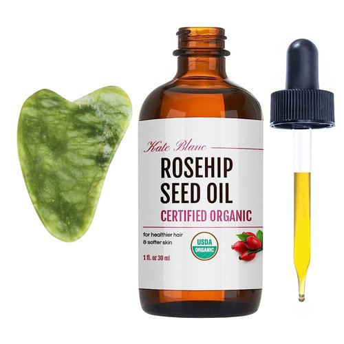 Kate Blanc Cosmetics Rosehip Oil for Face & Skin with Gua Sha Stone Kit (1oz) USDA Organic Rosehip Seed Oil for Gua Sha Massage & Face Oil. 100% Pure & Cold Pressed Rose Hip Oil
