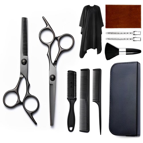 Hair Cutting Scissors Kit 11PCS, Hair Scissors Professional Haircut Scissors with Stainless Steel Hair Shears, Thinning Shears, Haircut Accessories in Leather Case for Salon/Home (Black)