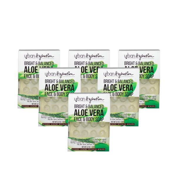 Urban Hydration Aloe Vera Face & Body Bar Soap 6 Pack | Suitable for Daily Use, Silicone, Paraben, Polybead and Sulfate Free, Safe for Oily, Psoriasis and Eczema Prone Skin | 4.2 Ounces