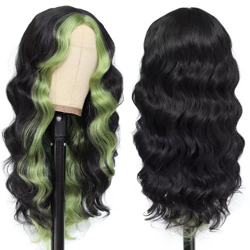 msloosily Highlight Synthetic Body Wave Wig Green Skunk Stripe Wig Synthetic Lace Front Wigs For Black Women 22inch Black And Green Wig Middle Part Wigs Fake Scalp Wavy Wig