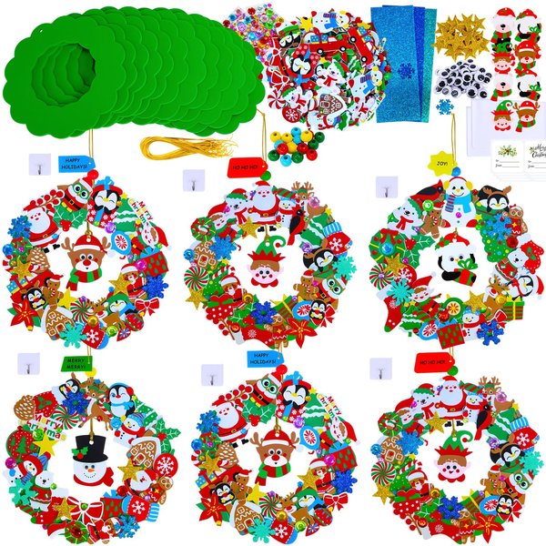 Winlyn 12 Sets Christmas Craft Kits Holiday Crafts DIY Christmas Wreath Ornaments Decorations Art Sets Xmas Snowmen Snowflake Festive Winter Foam Stickers Arts and Crafts for Kids Classroom Activities