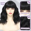RemyAeki Short Wavy Wigs With Bangs Natural Black Curly Wavy Bob Wigs for Women Medium Length Synthetic Short Bangs Wigs for White Women Shoulder Length 14 Inch