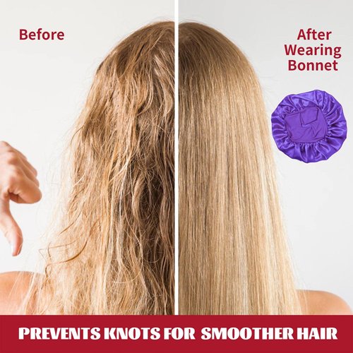 CAMOT 2Pcs Satin Bonnets for Sleeping, Silk Hair Bonnet for Women, Soft Silk Hair Wrap with Elastic Wide Band, Satin Sleep Cap for Curly Hair(Black+Purple)