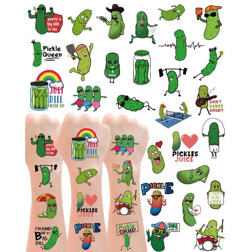 138Pcs Pickle Funny Temporary Tattoos Stickers - Green Pickle Tattoos Party Favors for Pickle Stuff Lovers, Pickle Birthday Party Decorations, 15 Sheets Pickle Themed Gifts