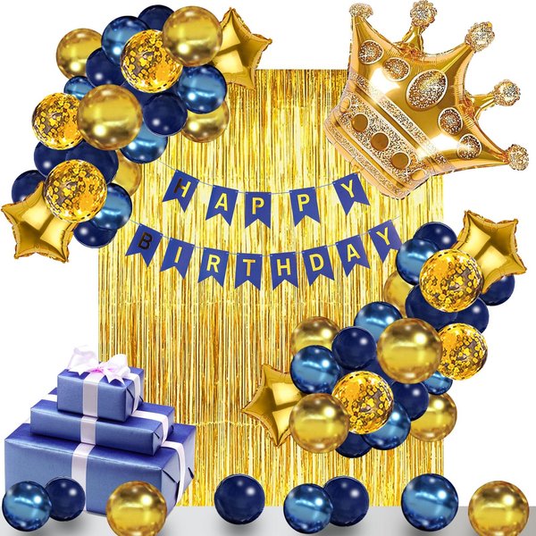 Royal Blue and Gold Birthday Decorations for Boy or Men,Metallic Blue and gold Balloons Garland Arch Kit Party Decor Supplies with Crown Champagne Foil Balloon