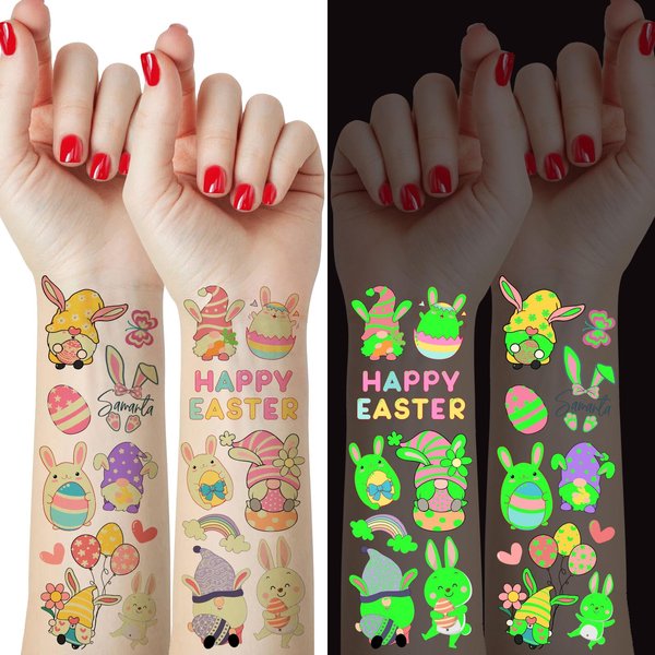 60 Pieces Easter Temporary Tattoos for Kids, Glow in The Dark Easter Basket Stuffers, Easter Eggs Bunny Gnome Tattoo Stickers, Easter Decorations Party Favors Supplies Gifts for Boys Girls