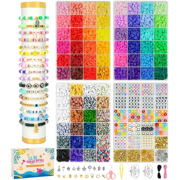 Dowsabel 15000 Pcs Clay Beads Bracelet Making Kit, 4 Boxes 72 Colors Friendship Clay Beads Bracelet Kit with Charms Kit for Jewelry Making, DIY Arts and Crafts Gifts for Kids and Adults