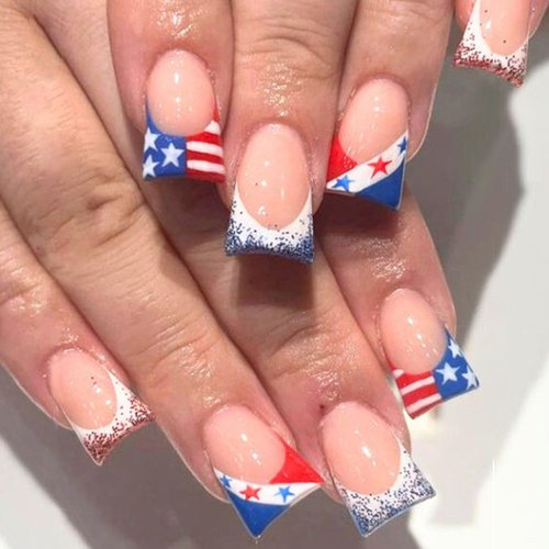 24Pcs 4th of July Press on Nails Medium, Nail Tip with Nail Glitter Stars USA Flag Design Fake Nails Independence Day Glue on Nails Full Cover French Tip False Nails for Holiday Nail Art Decoration