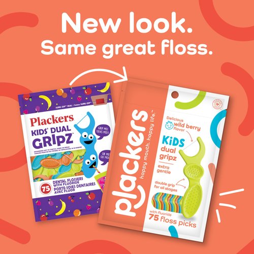 Plackers Kids Dual Gripz Floss Picks with Double Grip handle, Wild Berry Flavor, Colorful Floss Picks for Kids of All Ages, 75 Count (Pack of 4)