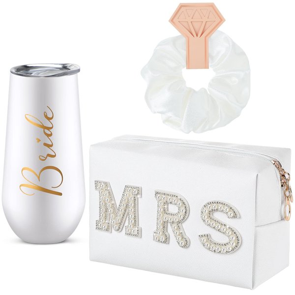 Karenhi 3 Pcs Wedding Bride Gift Set Include 6 oz Stainless Steel Wine Tumbler Bride Letter Cosmetic Toiletry Bag Silk Scrunchies Letter Patches Makeup Bag Hair Tie Wedding Gifts for Bride