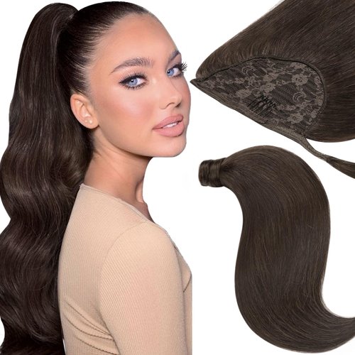 Human Real Hair Ponytail Extension Pretty Party Hair Extensions Ponytail Loxxy Natural Silky Clip in Ponytail Hairpiece with Magic Paste Long Straight Dark Brown 16 Inch 80g