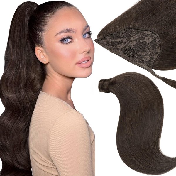 Human Real Hair Ponytail Extension Pretty Party Hair Extensions Ponytail Loxxy Natural Silky Clip in Ponytail Hairpiece with Magic Paste Long Straight Dark Brown 16 Inch 80g