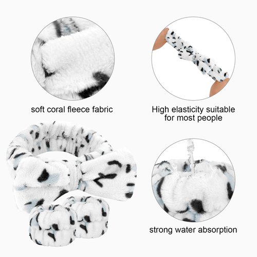 Semato Spa Headband and Wristband Set Skin Care Headband Fluffy Bow Face Wash Headband Hair Accessories Bubble Sponge Spa Headband for Women and Girls (cow)