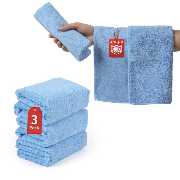 RIDE KINGS Microfiber Rags Car Interior & Exterior，Car Towels Highly Absorbent，Lint Free and Reusable，Cleaning Rags for House,Kitchen,Bathroom,Office，16"x16"|Blue 3-Pack