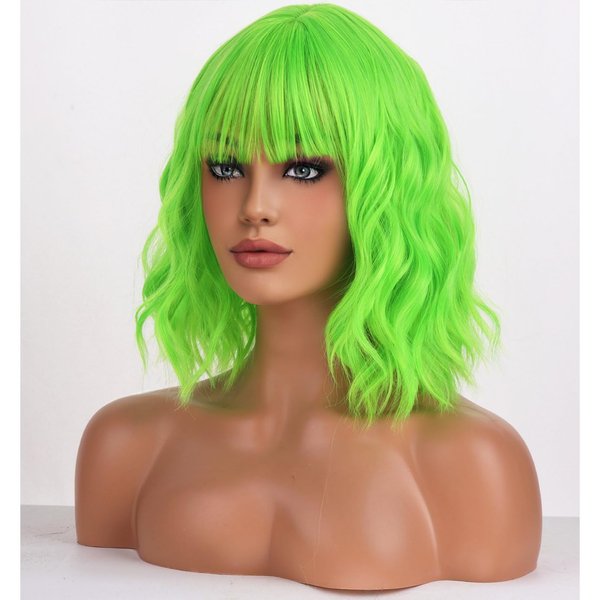 BERON Neon Green Wig for Women Short Curly Wig with Bangs Girls Bright Green Coloredl Wavy Hair Wigs 12'' Women's Synthetic Wigs Daily or Cosplay Used