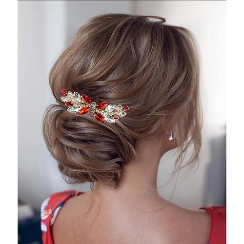 Foyte Rhinestone Wedding Hair Comb Red Bridal Hair Pieces Leaf Crystal Side Hair Comb for Women
