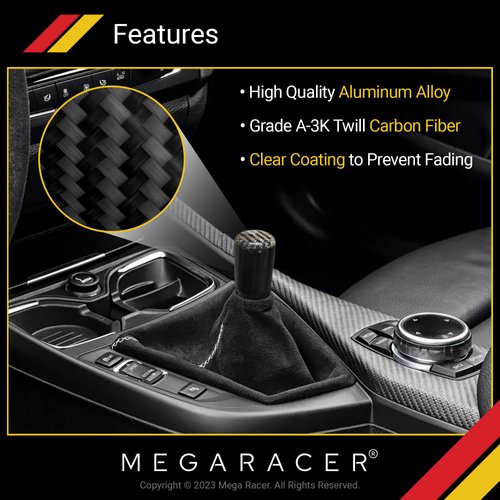 Mega Racer 7 cm Real Carbon Fiber Shift Knob - for Buttonless Automatic & 4, 5 and 6 Speed Manual Transmission Vehicles, 100% Carbon Fiber & Aluminum Alloy, Interior Automotive Replacement Parts, 1 Pc