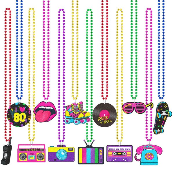 Tigeen 48 Pcs 80s Beaded Necklaces Metallic Neon Beads Retro Glow Party Disco Necklaces Bulk Colorful Rock Music Necklace for Women Kids 1980s Party Favors Supplies, 12 Styles (Rock Music)