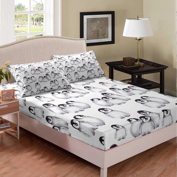 Penguin Bedding Set Twin Size For Kids Boys Girls Antarctic Animal Sheet Set Cartoon Style Penguin Illustration Fitted Sheet For Children Teens Adult Grey White And Black Bed Sheets(No Top Sheet)